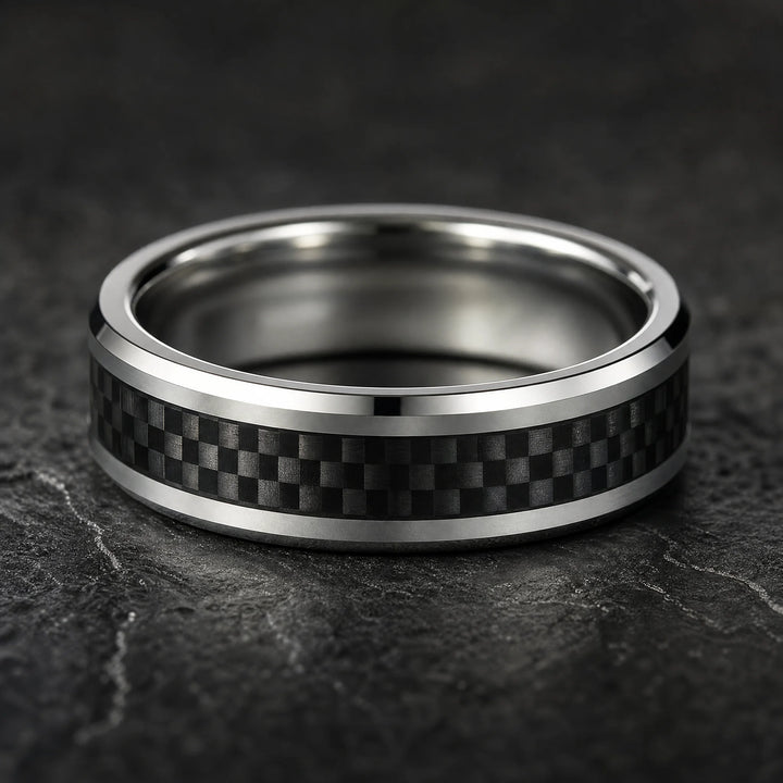 The Stratagem Tungsten and Carbon Fiber ring - flat-lay view