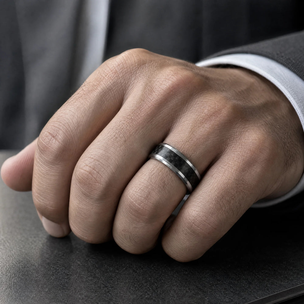 The Stratagem Tungsten and Carbon Fiber ring - on-hand view