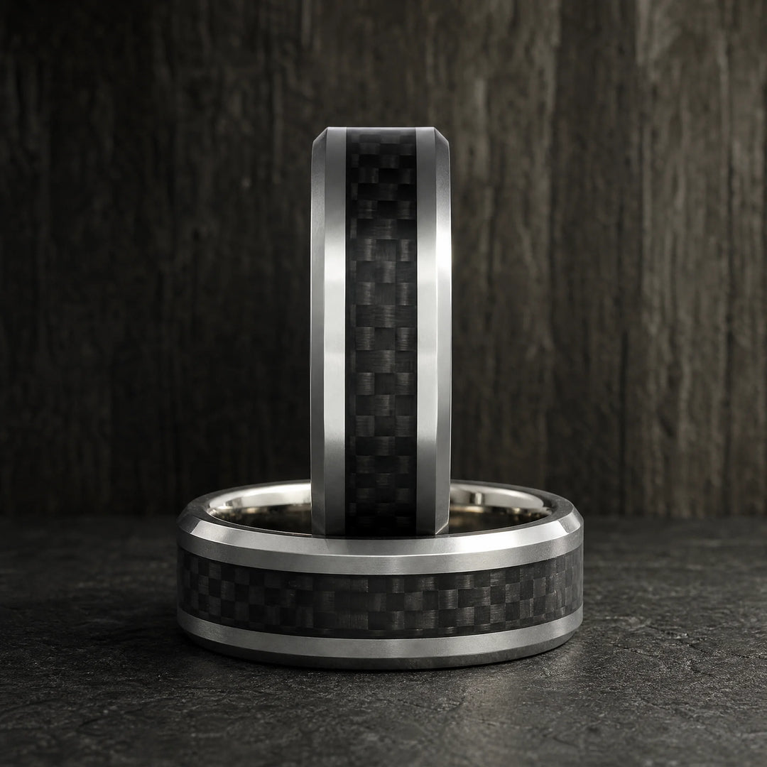 The Stratagem Tungsten and Carbon Fiber ring - stacked view