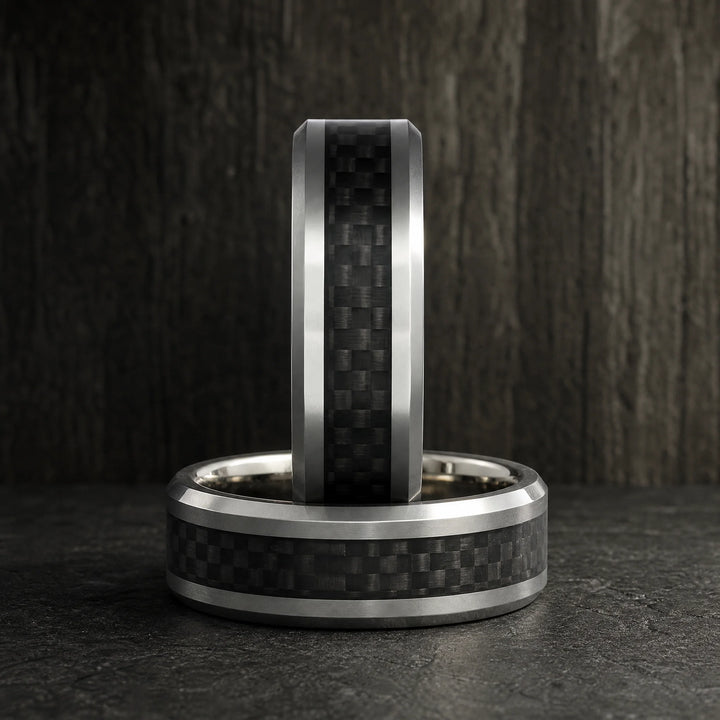 The Stratagem Tungsten and Carbon Fiber ring - stacked view