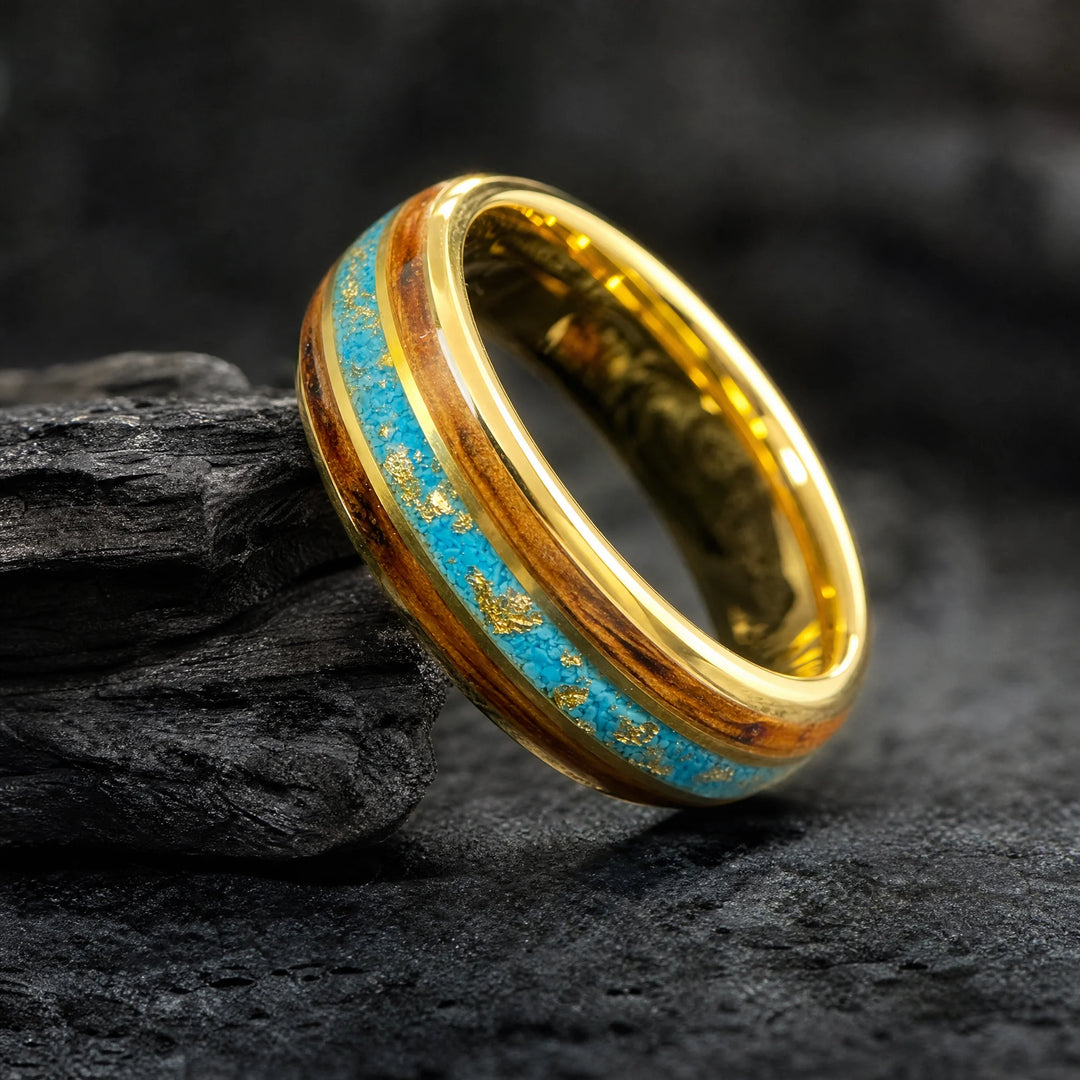 The Vein Koa Wood and Turquoise ring - angled view