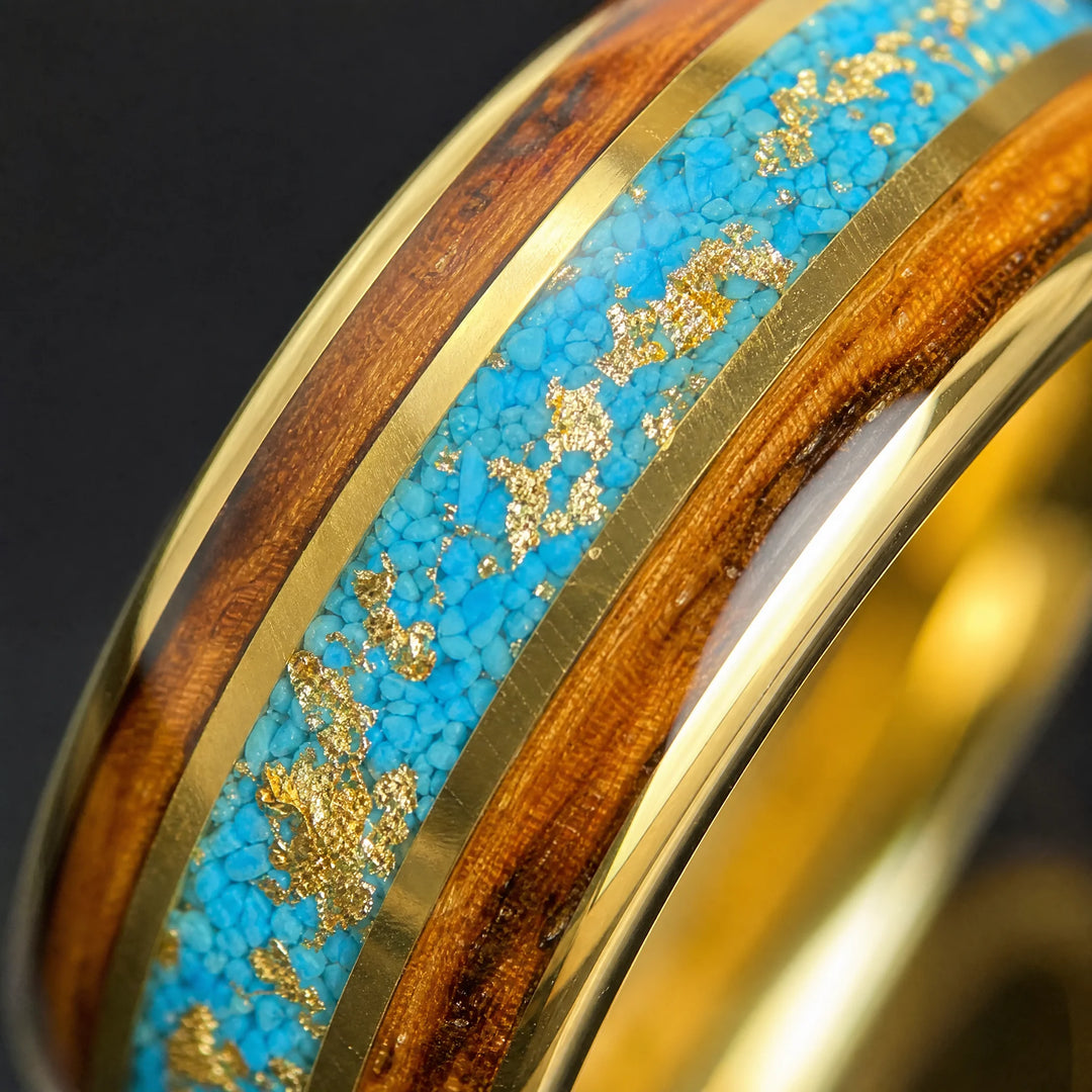 The Vein Koa Wood and Turquoise ring - detail view