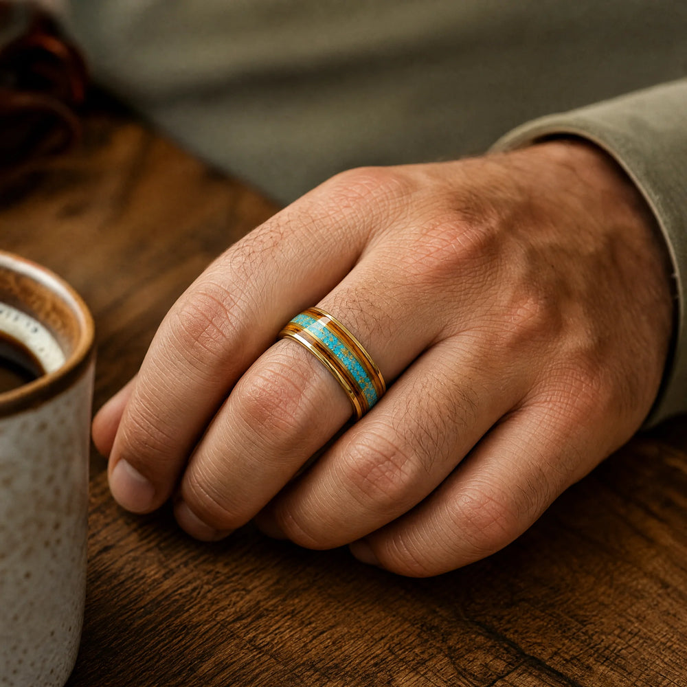 The Vein Koa Wood and Turquoise ring - on-hand view