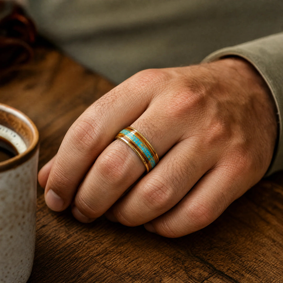 The Vein Koa Wood and Turquoise ring - on-hand view