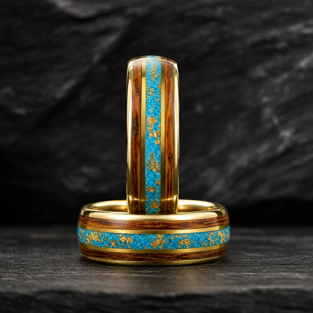 The Vein Koa Wood and Turquoise ring - stacked view
