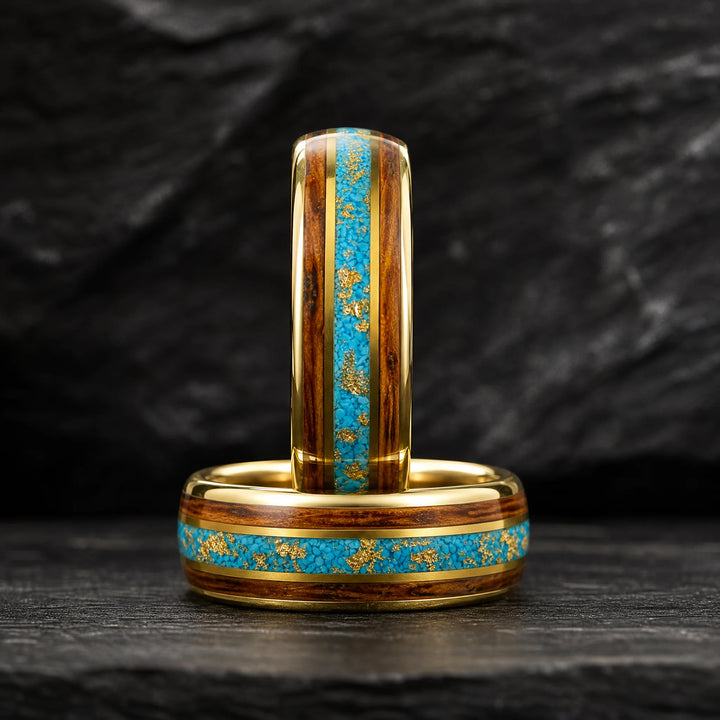 The Vein Koa Wood and Turquoise ring - stacked view