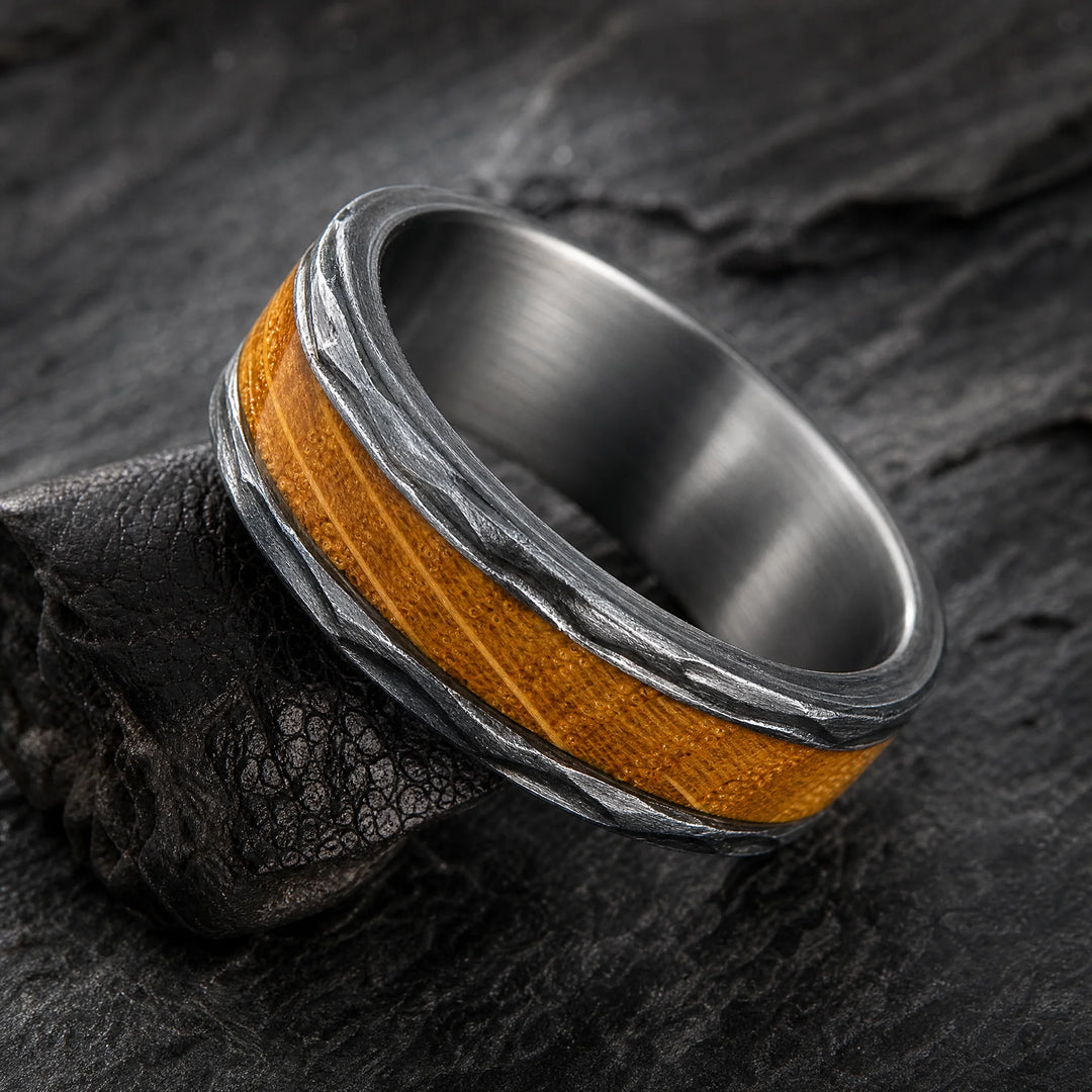 The Warden hammered tungsten and wood ring - angled view