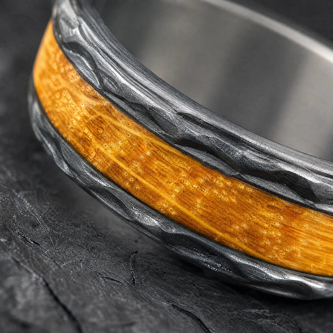 The Warden hammered tungsten and wood ring - detail view