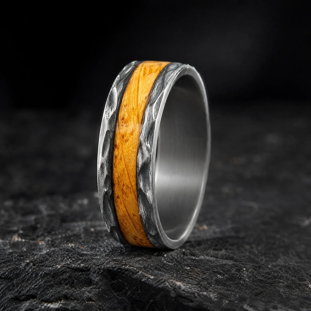 The Warden hammered tungsten and wood ring - hero view