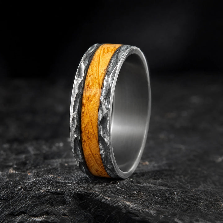 The Warden hammered tungsten and wood ring - hero view