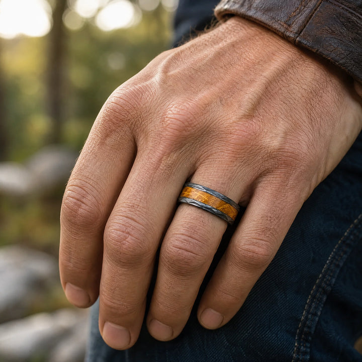 The Warden hammered tungsten and wood ring - on-hand view