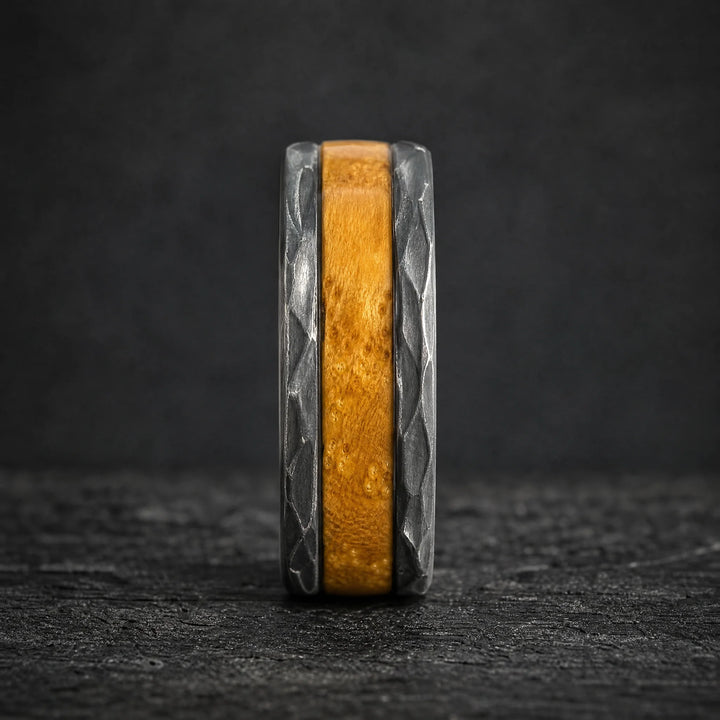 The Warden hammered tungsten and wood ring - side view