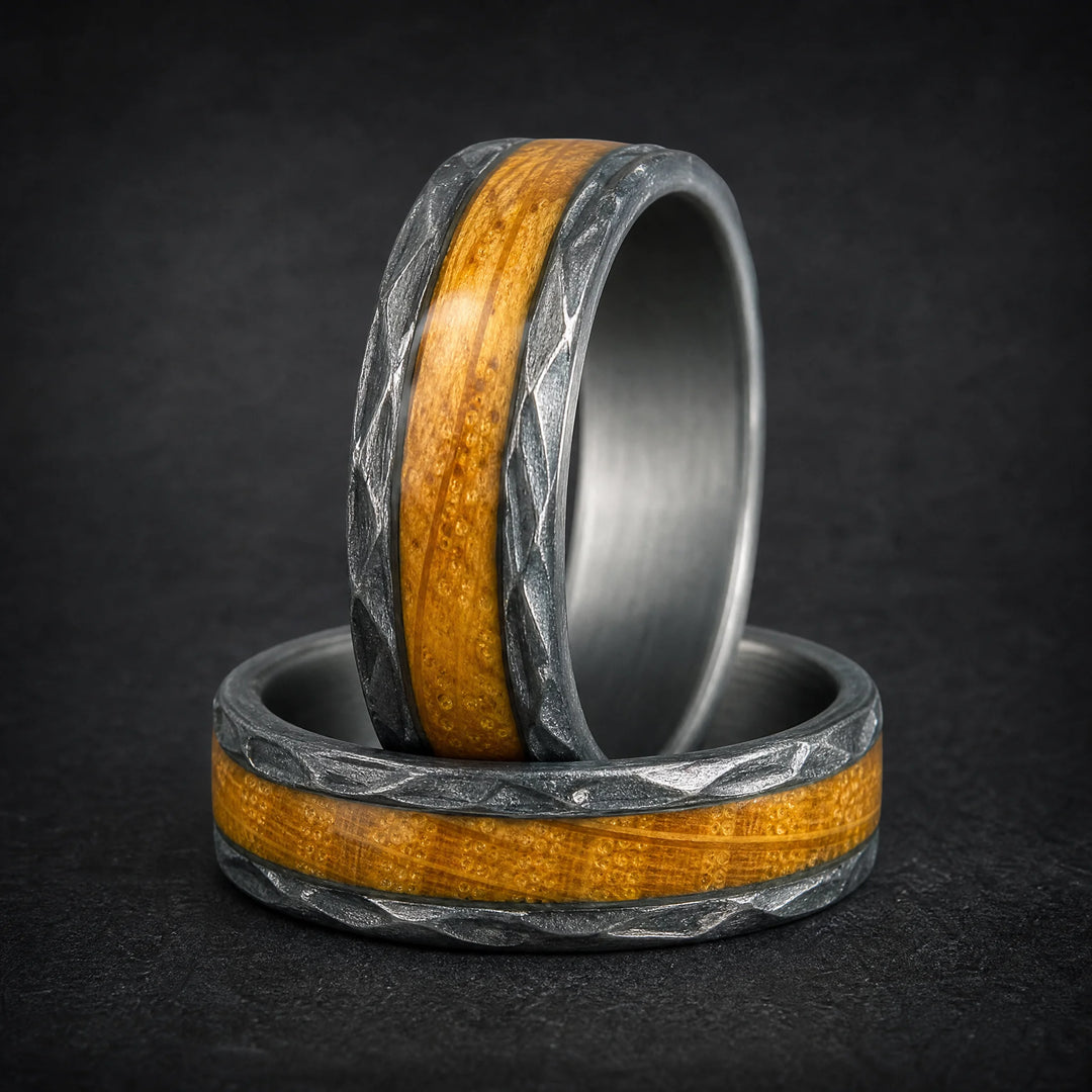 The Warden hammered tungsten and wood ring - stacked view